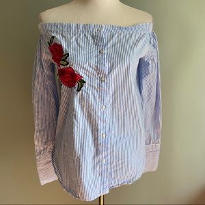 Japna cotton blue and white off the shoulder top 3/30$